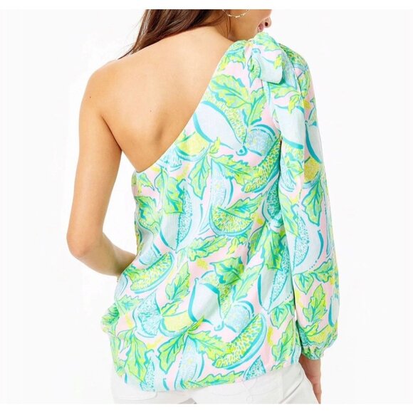 NEW Lilly Pulitzer Avena One-shoulder Top 00 Urchin Pink Lemon Tie Bow NWT - Picture 2 of 7